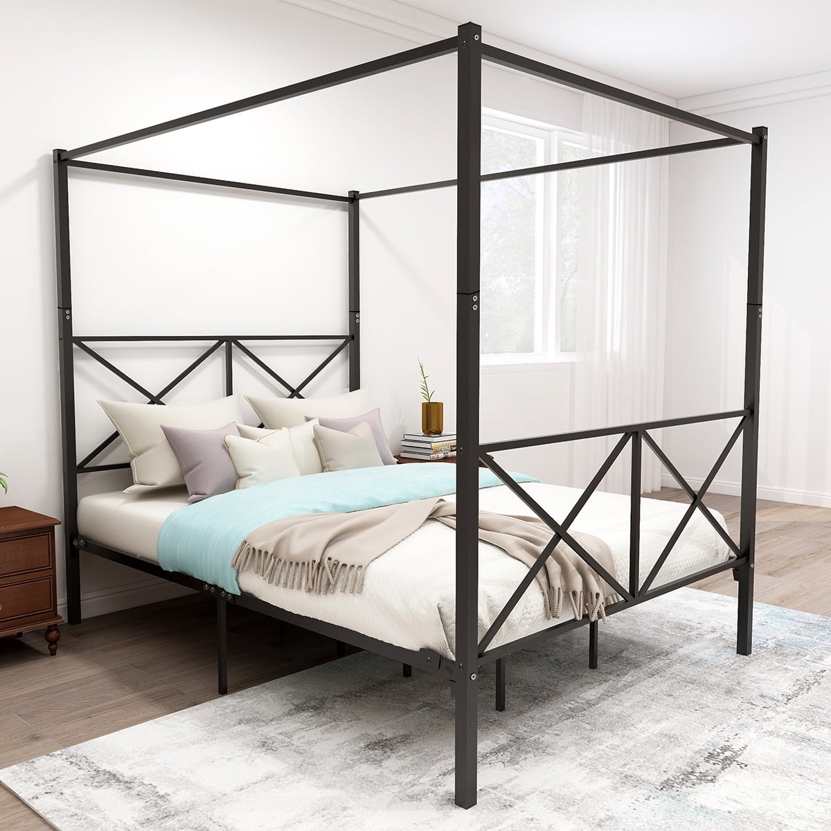 Queen Metal Canopy Bed Frame with X Shaped Platform Black