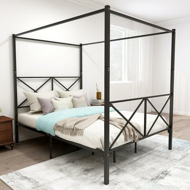 Metal Canopy Bed Frame,Platform Bed Frame Queen with X Shaped Frame Queen Black