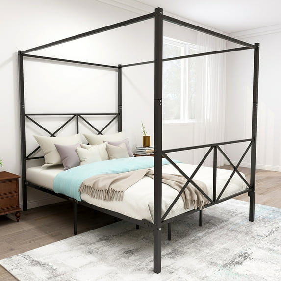 Leumius Metal Canopy Bed Frame,Platform Bed Frame Queen with X Shaped Frame Queen Black