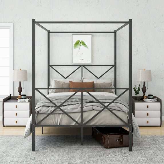 Metal Canopy Bed Frame, Platform Bed Frame with X Shaped Frame