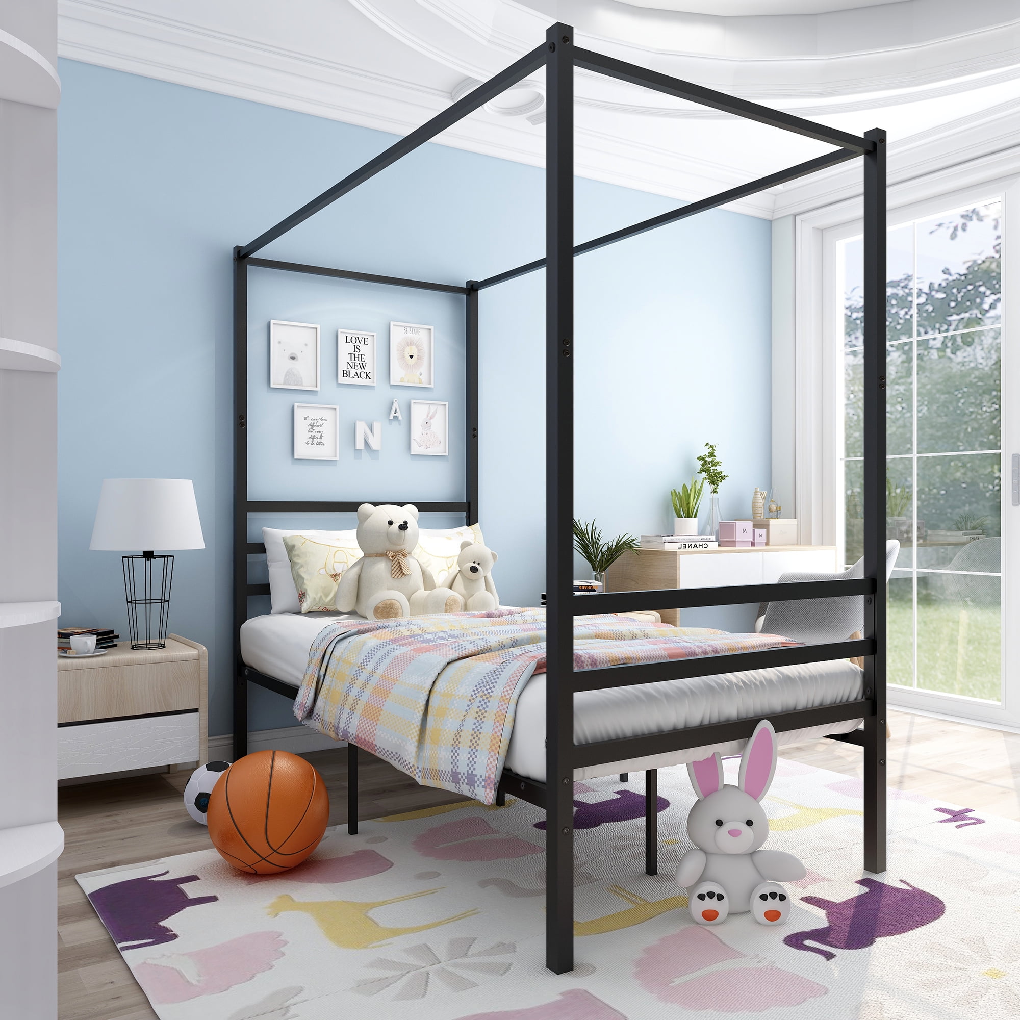 Metal Canopy Bed Frame Twin Size Metal Bed Frame with Headboard Footboard Twin Size Platform Bed Frame No Spring Box Needed Black Metal Platform