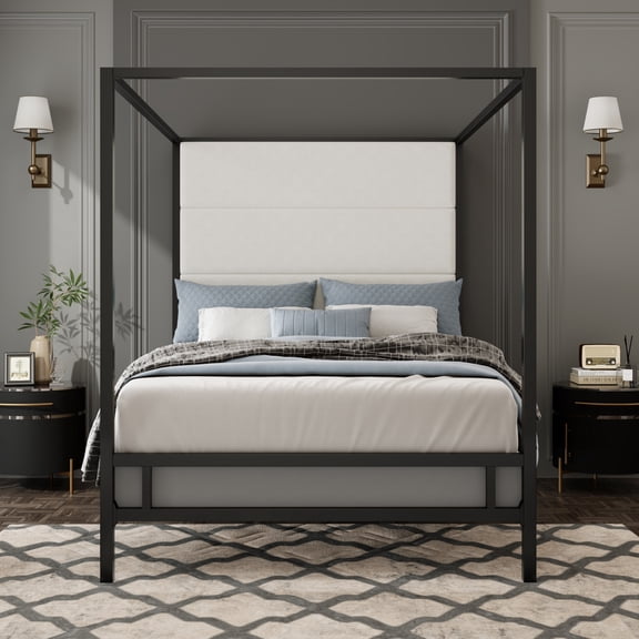Metal Canpoy Bed Queen Size with Tall Upholstered Headboard, Modern Platform Bed Frame with 4 Posters, Heavy Duty Support and Box Spring Needed, Black