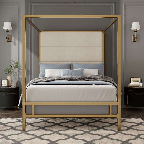 Metal Canpoy Bed Queen Size with Tall Upholstered Headboard, Modern Platform Bed Frame with 4 Posters, Heavy Duty Support and Box Spring Needed, Gold