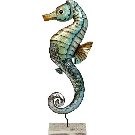 Metal & Capiz Shells Decor, Rustic Seahorse on Stand 7x18" - Nautical Capiz Art Decoration