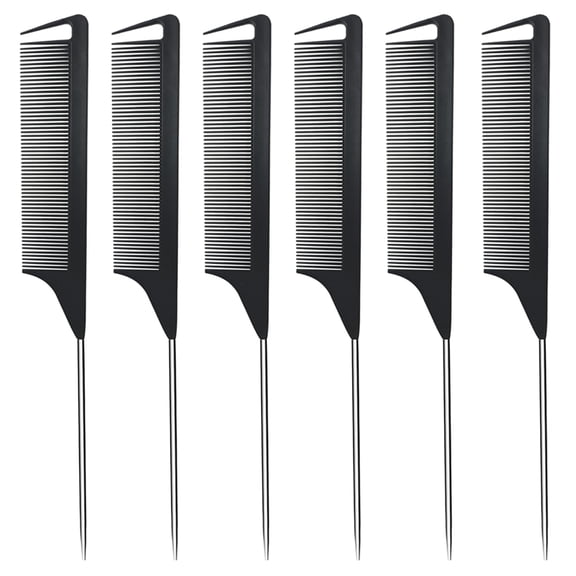 Metal Carbon Fiber Parting Rat Tail Comb for Women Men Braiding Styling Hair (Black 6Pcs)