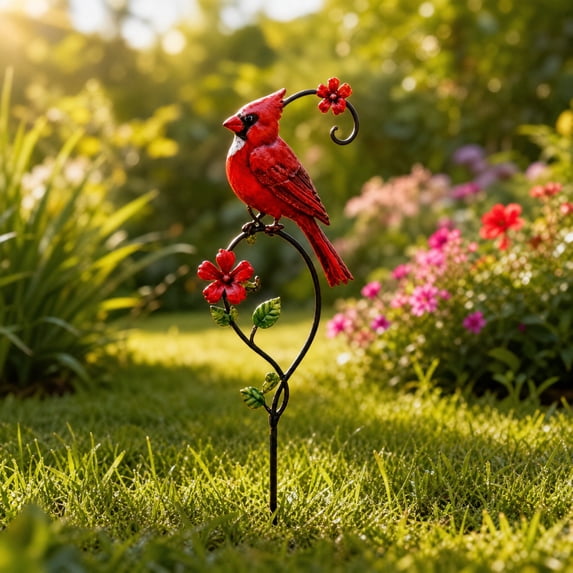 Metal Cardinal Garden Stake, Decorative Red Bird Yard Art Weather Resistant Garden Accent Ornament, Flower Pot Patio Lawn Decor for Garden Courtyard Porch Bird Lovers