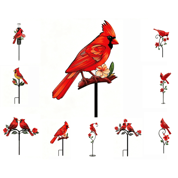 Metal Cardinal Garden Stake, Memorial Rose Cardinal Metal Ground Stake, Weather Resistant Metal Stake for Cemetery Lawn Tribute Decor (E)