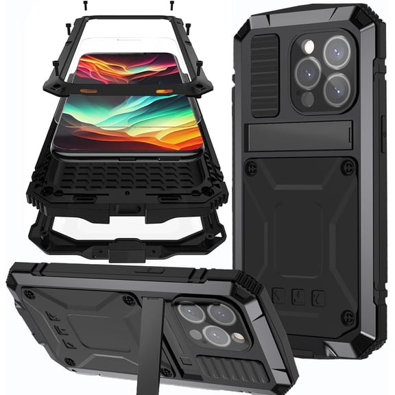 Metal Case Compatible with iPhone 15 Phone Case with Screen Protector,Aluminium 3 Layer Shockproof Dustproof Protective Silicone Case for Apple iPhone 15 Case for iPhone 15 Case with Stand-Black