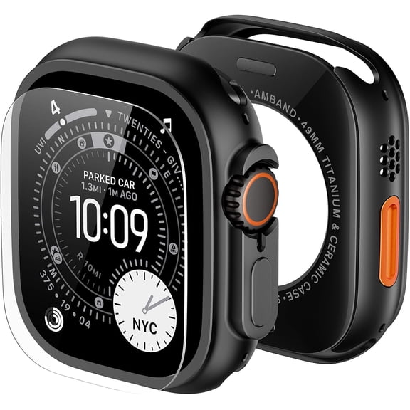 Metal Case Screen Protector Cover for Apple Watch Ultra 3/Ultra 2/Ultra 49mm, W3 Rugged Bumper Thin Frame + 9H Tempered Glass Film + Ceramic-Like Back Cover, [Stylish] [Waterproof], Matte Black