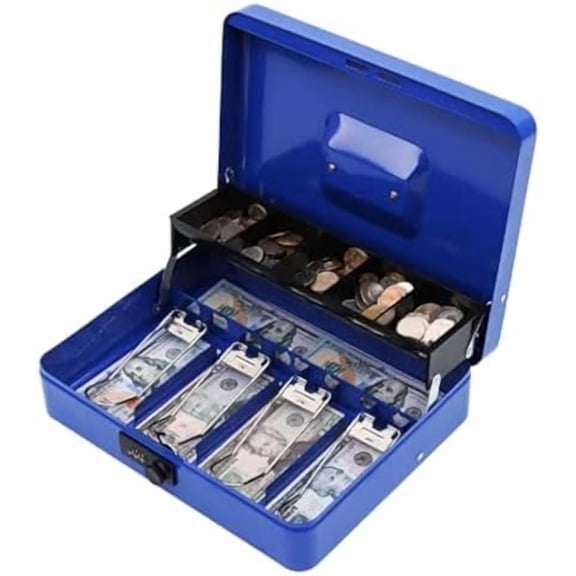 Metal Cash Box, Cash Box with Money Tray and Combination Lock, Storage Box, Blue,4 Bill / 5 Coin Slots,11.8" x 9.5" x 3.5",Blue