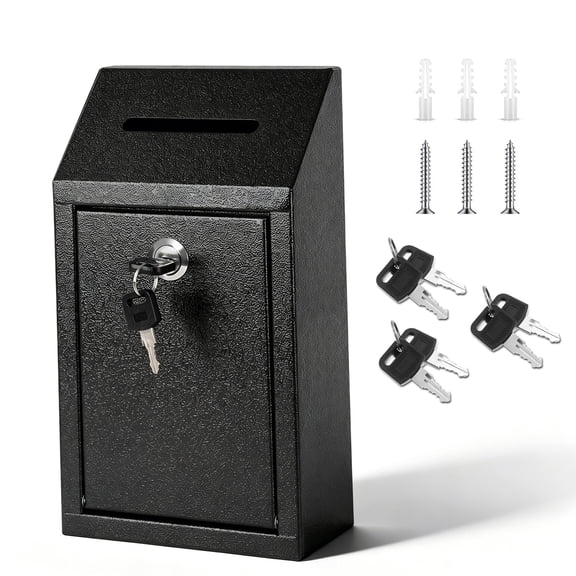 Metal Cash Box Collection Safe Suggestion Box with Lock, Wall Mounted Mailbox Delivery Ballot Container, Black, 10.3 x 5.7 x 3.0 Inch
