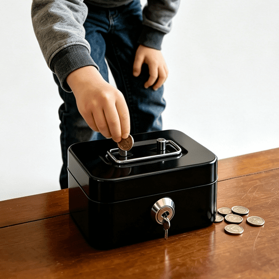 Metal Cash Box, Small Cash Storage Box with Lockable Cover, Key Lock Money Organizer for Kids, Cute Toys with Handle for Home, Black