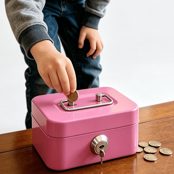 Metal Cash Box, Small Cash Storage Box with Lockable Cover, Key Lock Money Organizer for Kids, Cute Toys with Handle for Home, Pink