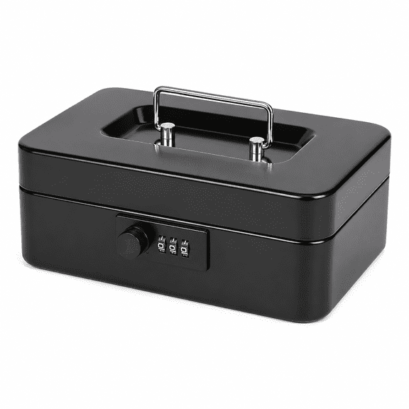 Metal Cash Box with 3-Digit Combination Lock, Removable Coin Tray and Carry Handle, Black, Medium, 7.87 x 6.3 x 3.35 in