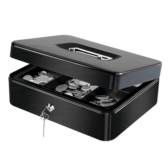 Metal Cash Box with Lock and 2 Keys, Portable Lockable Cash Box with Removable 5-Compartment Coin Tray for Office, Retail, Home and Events