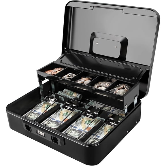 Metal Cash Box with Money Tray and Lock, Portable Cash Drawer, 11.8" | Spill-Proof Coin Tray Lid, No Pinch Bill Clips, 1mm Steel, Code, Blk