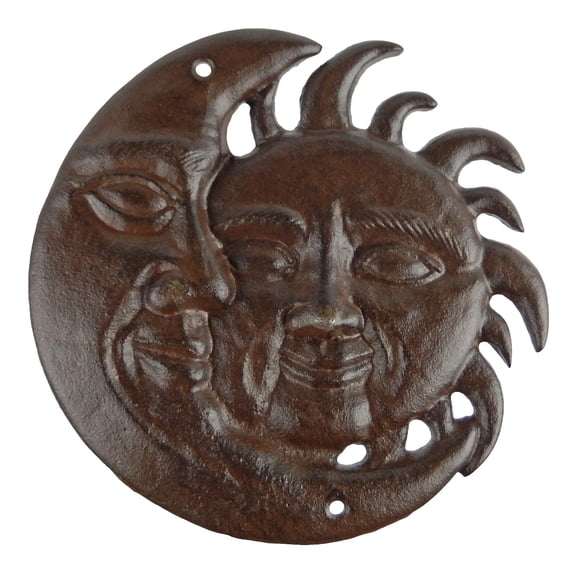 Metal Cast Iron Sun & Moon Face Wall Decor Plaque Antique Brown Patina 7.5 inch