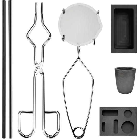 Metal Casting Kit Graphite Crucible, Graphite Ingot Molds, Stir Rods, Quartz Cup & Tongs Complete Set for Melting Gold, Silver, Aluminum, Brass