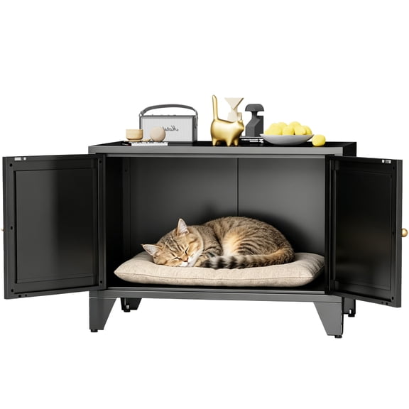 Metal Cat Litter Box Enclosure, Modern Hidden Litter Box Furniture Indoor Pet House, Freestanding Cat Washroom Cabinet Fits Most Standard Litter Boxes, Black Decorative Pet Side Table for Home