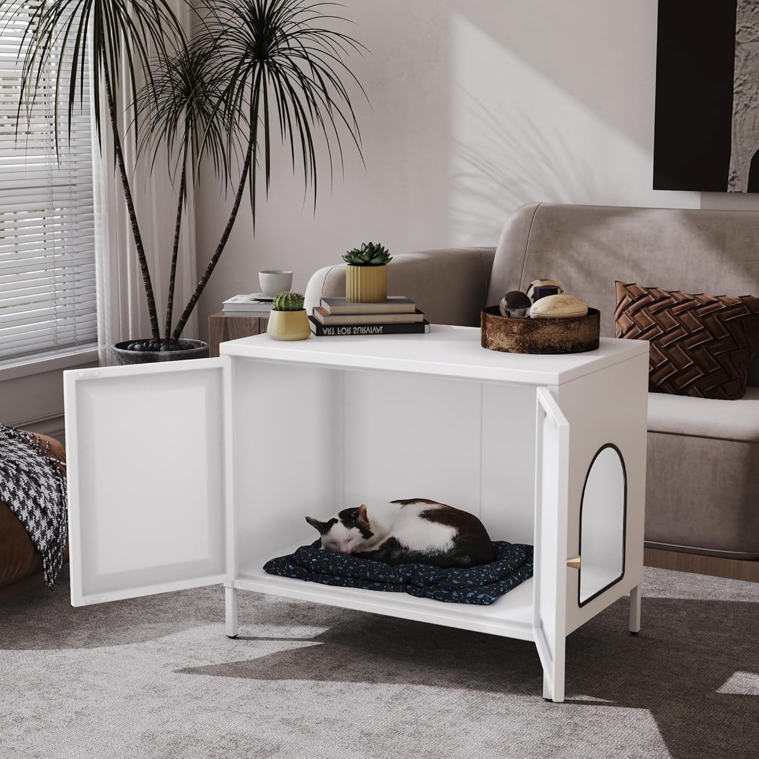 Metal Cat Litter Box Furniture with Barn Door, Fits Most Litter Boxes, White, Assembly Required