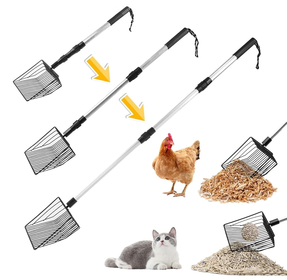 Metal Cat Litter Scoop with 42"Long Handle, Expandable Chicken Poop Scooper with Deep Shovel, Heavy Duty Non-Stick Litter Scooper for Kitten Kitty Cat Chicken