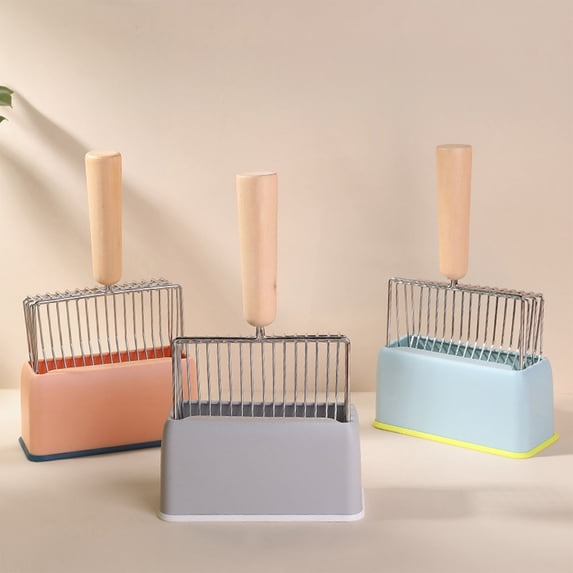 Metal Cat Litter Scoop Set | Large Fine-Pore Metal Sifter, Ergonomic Wooden Handle, Integrated Storage Base | Gray/Pink/Blue, 28x17cm | Fast Clumping Separation, Spill-Proof Design, Pet Cleanup Tool