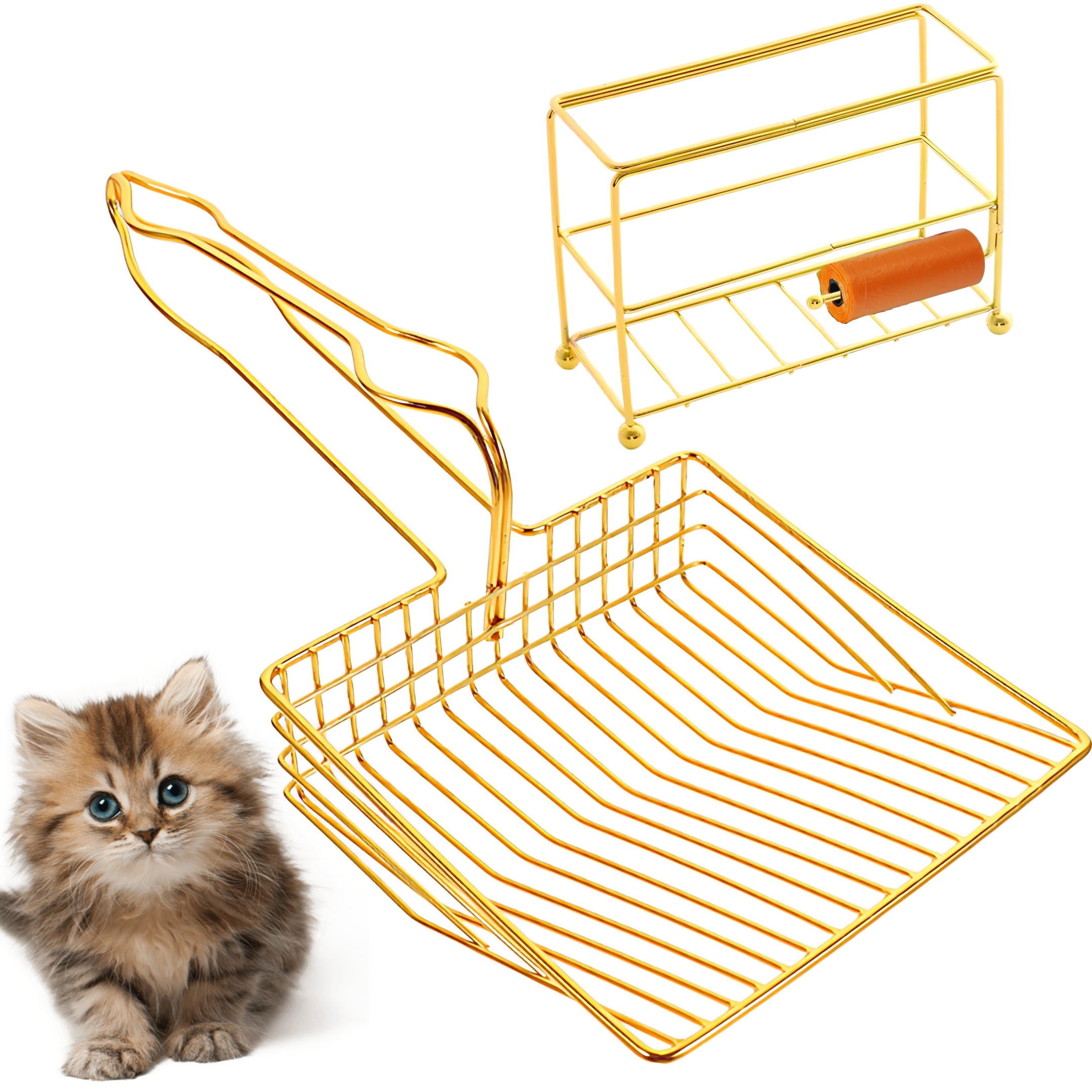 Metal Cat Scooper for Litter Box - Cat Litter Scoop Holder - Large Cat Litter Lifter Scoops 5.5"X13"- Litter Scooper with Holder - Litter Box Scooper with Caddy - Pet Waste Shovel with Stand/ Gold