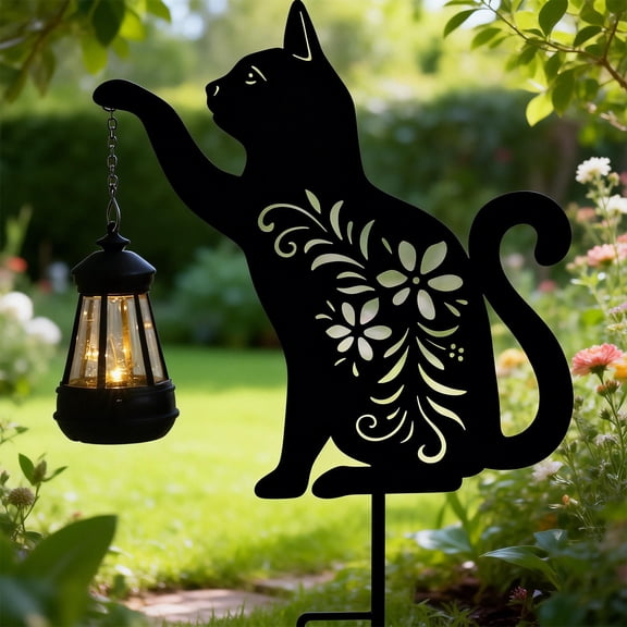 Metal Cat Stake with Solar Lights Outdoor Decorative,Black Cats Lawn Ornaments,Womens Gifts Unique,Garden Silhouette Animal Decor (Cat)