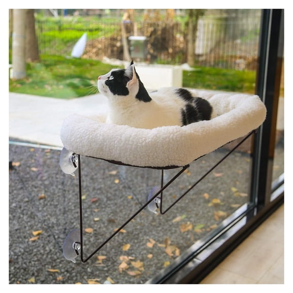 Metal Cat Window Perch with Washable Bed, 100% Iron Support from Below, 40 lbs Capacity, Unobstructed Entry, Suction Cup Design for Indoor Outdoor Sunbathing, White