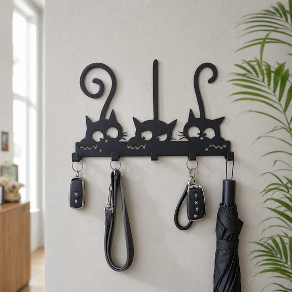 Metal Cats Wall Hooks Cute Animation Cats Tail Key Stand With 5 Hooks For Entryway