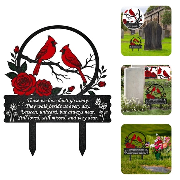 Metal Cemetery Memorial Plaque, 11.41x13.77 Inch Cardinal Grave Marker with Roses Cross, Script & Rose Accent, Outdoor Ground Stake for Garden, Memorial Tribute,1PC