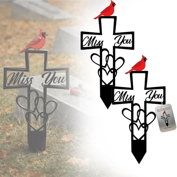 Metal Cemetery Memorial Plaque, 6x12 Inch Cardinal Grave Marker with Cross, "Miss You" Script & Heart Accent, Outdoor Ground Stake for Garden, Memorial Tribute(2PCS)
