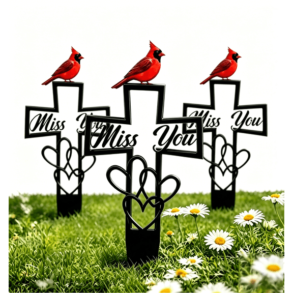 Metal Cemetery Memorial Plaque, Cardinal Grave Marker with Cross & Miss You Heart Accent, Outdoor Ground Memorial Tribute for Garden, Cemetery & Memorial Sites(RL 2 PCS)