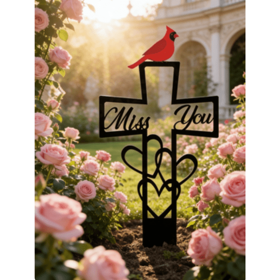 Metal Cemetery Memorial Plaque, Cardinal Grave Marker with Cross & Miss You Heart Accent, Outdoor Ground Memorial Tribute for Garden, Cemetery & Memorial Sites