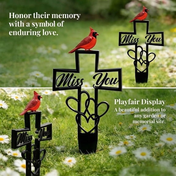 Metal Cemetery Memorial Plaque, "Miss You" Cardinal Cross Garden Stake, Outdoor Remembrance Decor (1 Pc)