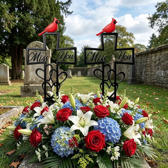 Metal Cemetery Memorial Plaque for Remembrance, 2026 New Cardinals Memorial Grave Markers with Cross, Grave Decorations Outdoors for Cemetery, Garden, Memorial Tribute (A-2Pcs)