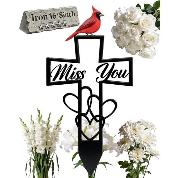 Metal Cemetery Memorial Plaque for Remembrance Cardinal Graveyard Decorations for Humans Red Bird Markers Cross Sign Garden Outdoor Stake Miss You Headstones Easter Sympathy Gifts Tombstones
