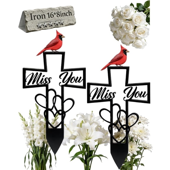 Metal Cemetery Memorial Plaque for Remembrance Cardinal Graveyard Decorations for Humans Red Bird Markers Cross Sign Garden Outdoor Stake Miss You Headstones Easter Sympathy Gifts Tombstones