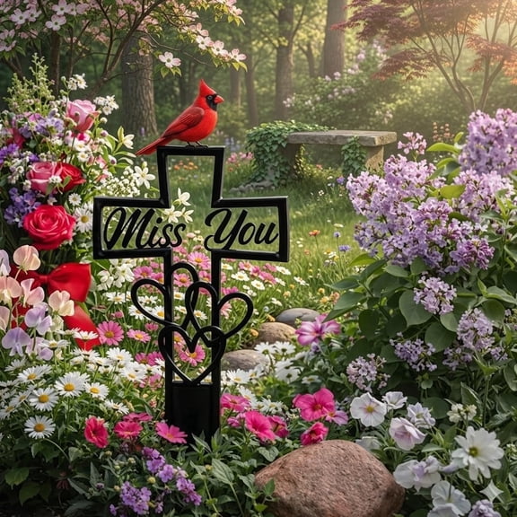 Metal Cemetery Memorial Plaque for Remembrance Cardinal Graveyard Decorations for Humans Red Bird Markers Cross Sign Garden Outdoor Stake Miss You Headstones Easter Sympathy Gifts Tombstones(1pc)