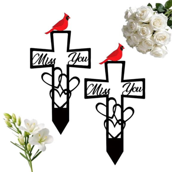 Metal Cemetery Memorial Plaque for Remembrance Cardinal Graveyard Decorations for Humans Red Bird Markers Cross Sign Garden Outdoor Stake Miss You Headstones Easter Sympathy Gifts Tombstones(2pc)