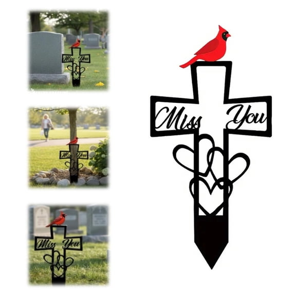 Metal Cemetery Memorial Plaque for Remembrance Cardinal Graveyard Decorations for Humans Red Bird Markers Cross Sign Garden Outdoor Stake Miss You Headstones Easter Sympathy Gifts Tombstones(1PCS)