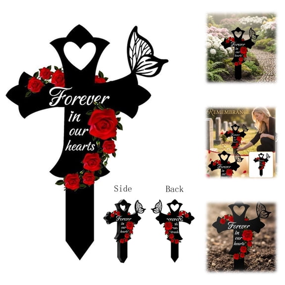 Metal Cemetery Memorial Plaque for Remembrance Cardinal Graveyard Decorations for Humans Red Markers With Roses Cross Sign Garden Outdoor Stake Headstones Easter Sympathy Gifts Tombstones(1PCS)
