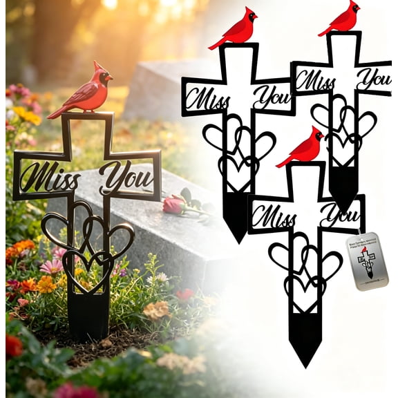 Metal Cemetery Memorial Plaque for Remembrance, Cardinal Memorial Grave Markers with Cross, "Miss You" Script & Heart, Garden Outdoor Stake for Cemetery, Garden