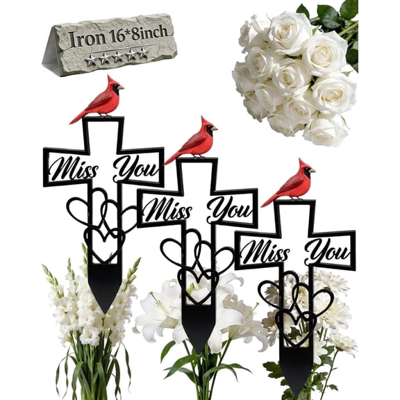 Metal Cemetery Memorial Plaque for Remembrance, Cardinal Memorial Grave Stakes Cross with Miss You Script & Heart Accent, Outdoor Ground Markers for Cemetery, Garden, Memorial Tribute (3 PCS)