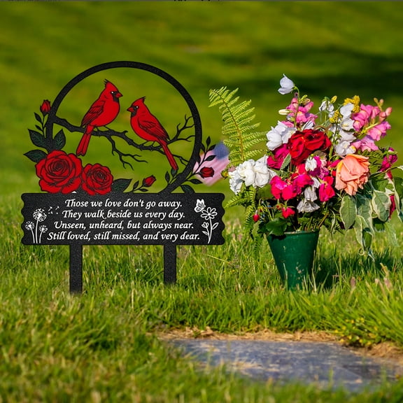 Metal Cemetery Memorial Plaque for Remembrance, Cardinal Memorial Grave Stakes Cross,Miss You Script & Heart Accent,Outdoor Ground Stake for Cemetery, Garden, Memorial Day Decorations