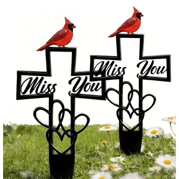 Metal Cemetery Memorial Plaque for Remembrance, Cardinals Memorial Grave Markers with Cross, Outdoor Ground Stake for Cemetery, Garden, Memorial Tribute 11.8inch 1PC