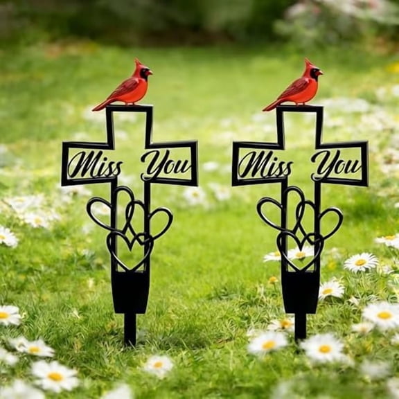 Metal Cemetery Memorial Plaque for Remembrance,"Miss You" Cross Grave Marker with Heart Accent,Outdoor Cemetery Garden Stakes,Love Never Truly Leaves for Loved One,2Pcs
