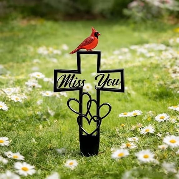 Metal Cemetery Memorial Plaque for Remembrance,"Miss You" Memorial Cross Ground Stake with Heart,Remembrance Grave Marker for Cemetery Garden, Outdoor Memorials Decor,1Pcs