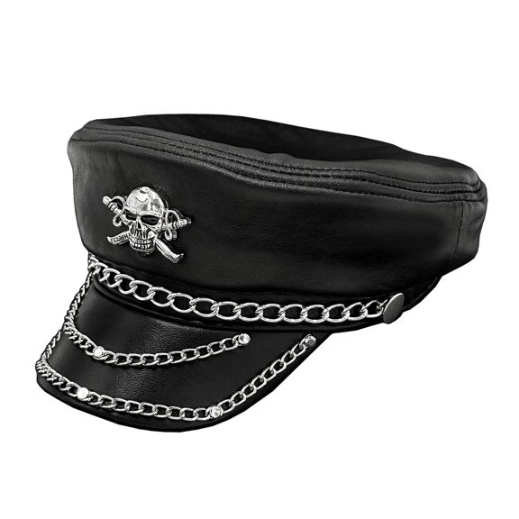 Metal Chain Studded Skull Mens Real Leather Steampunk Rock Cap Hat