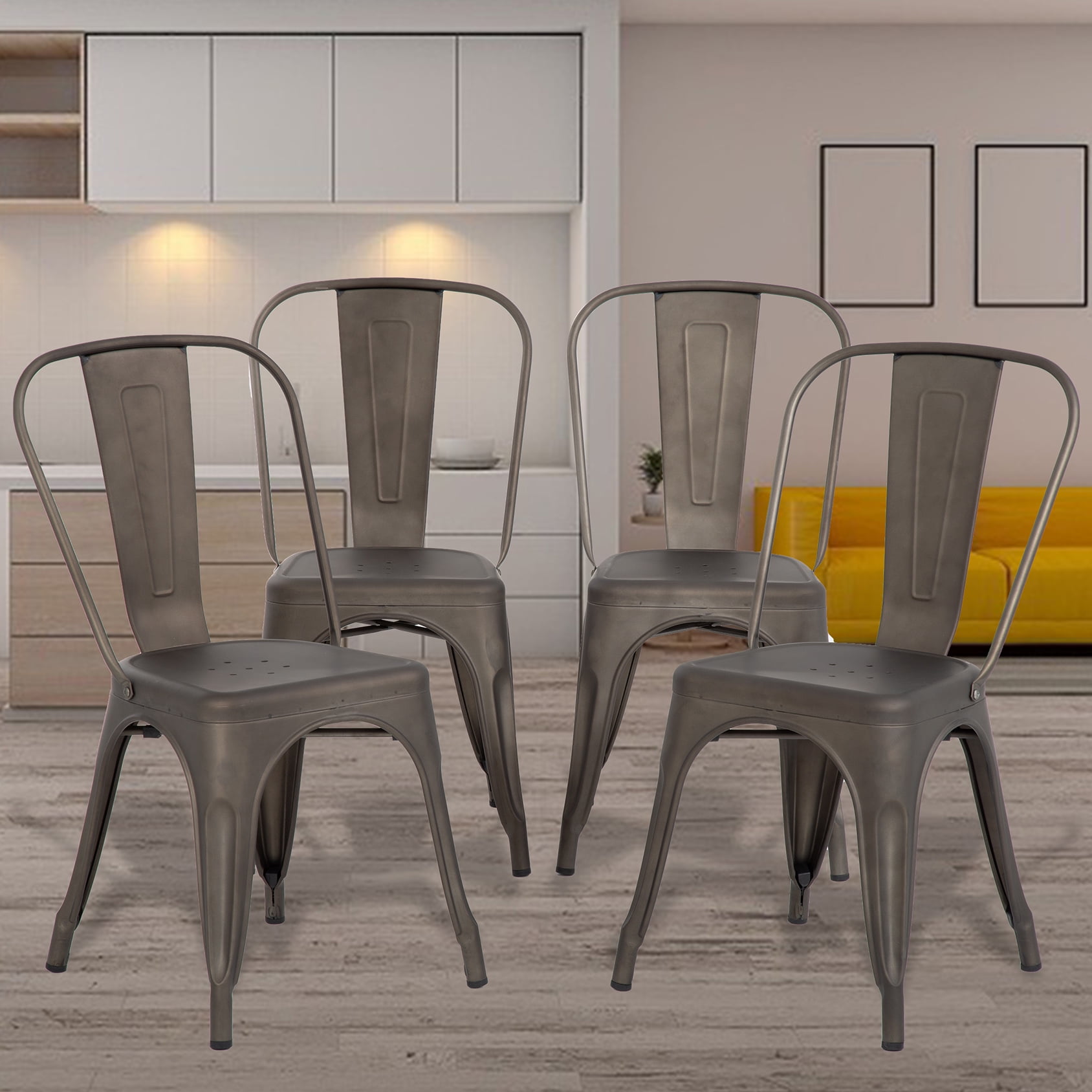 Set of 4 Gray Alloy Steel Armless Dining Chairs with Cushions